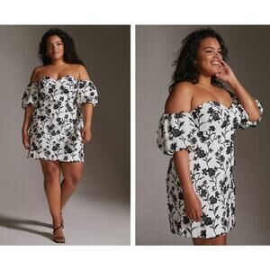 Anthropologie Sabrina Puff-Sleeve Appliqué Mini Dress Womens 14 Black White